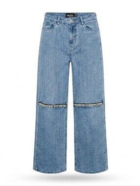 Rhinestone 100% Cotton Pieces PCFULLA High Waist Wide Leg Denim Jeans Y2K XS